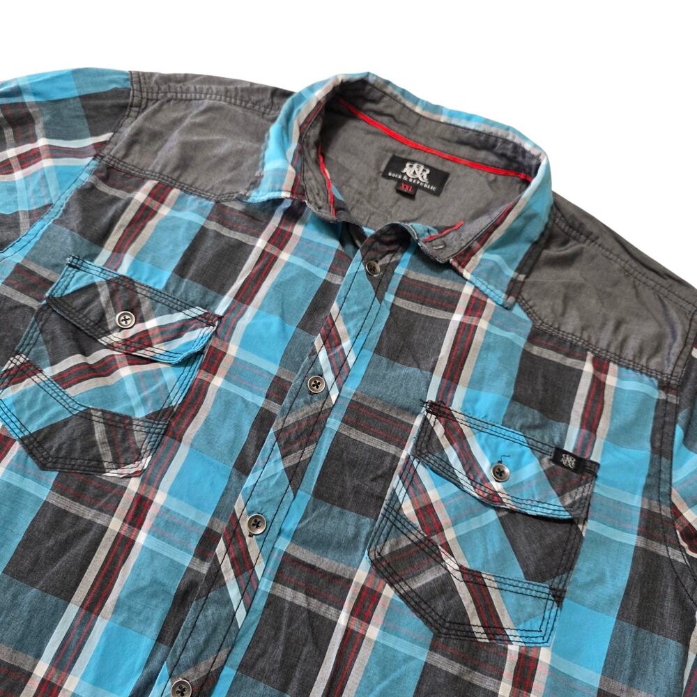 Rock & Republic Blue Plaid Long Sleeve Button-Up Cotton Blend Shirt Men's 2XL